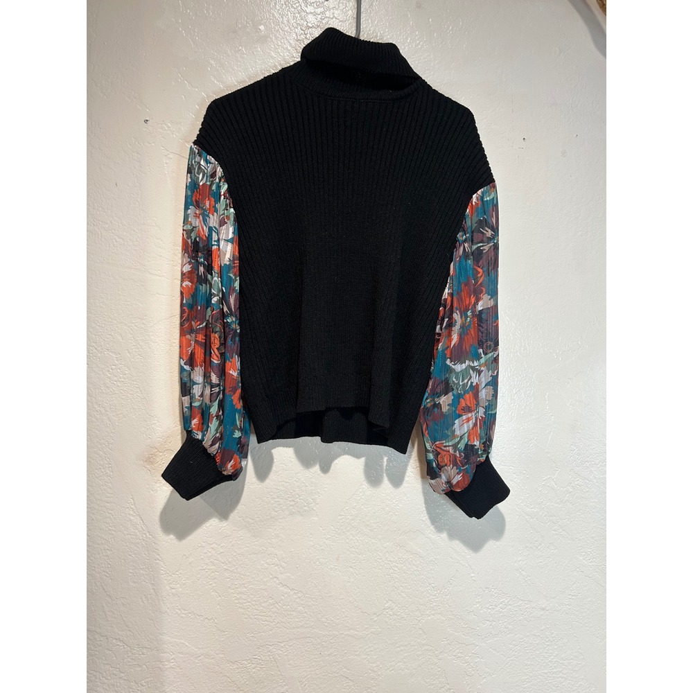 A Love Story Black Ribbed Turtleneck Floral Balloon Sleeve Sweater XL